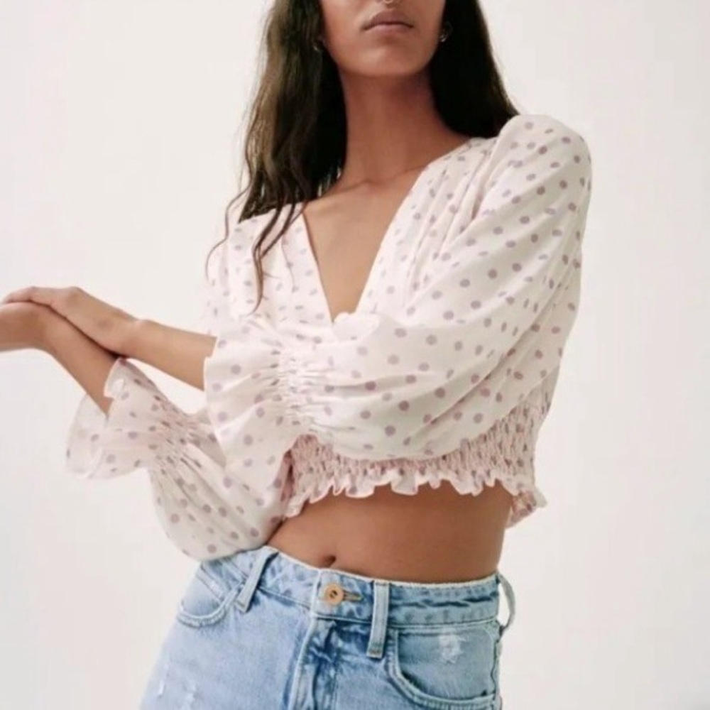 Zara Pink polka dot smocked Puff Sleeve Blouse
